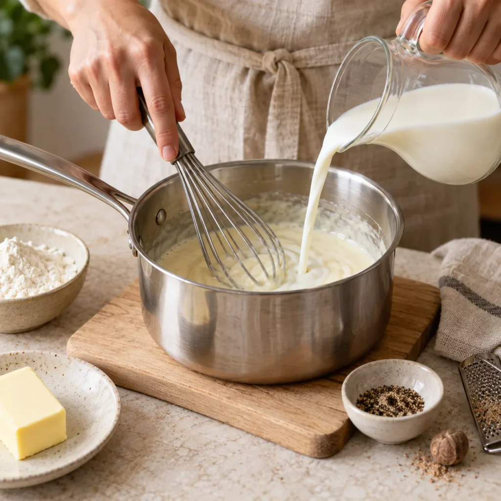 Geste pour Béchamel minute pour lasagne à l’italienne Geste pour Béchamel minute pour lasagne à l’italienne — illustration