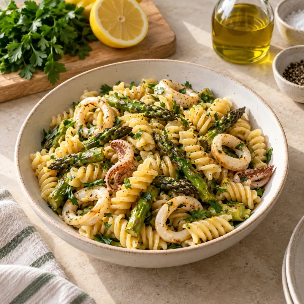 Fusilli aux asperges vertes grillées et calamars Fusilli aux asperges vertes grillées et calamars — illustration
