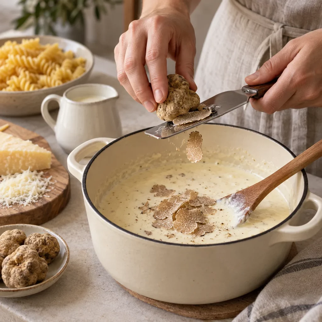 Geste pour Truffe blanche à la crème et fusilli Geste pour Truffe blanche à la crème et fusilli — illustration