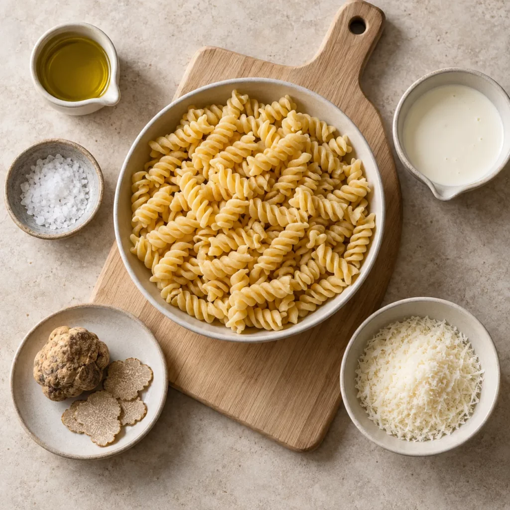 Les ingrédients pour Truffe blanche à la crème et fusilli Les ingrédients pour Truffe blanche à la crème et fusilli — illustration