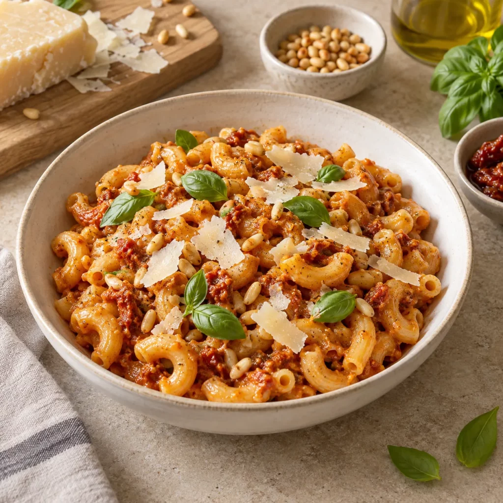 Macaroni au pesto rosso et copeaux de parmesan Macaroni au pesto rosso et copeaux de parmesan — illustration