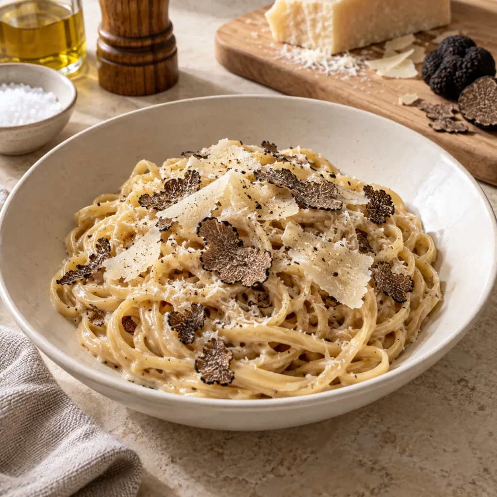 Linguine aux cèpes, parmesan et truffe noire Linguine aux cèpes, parmesan et truffe noire — illustration