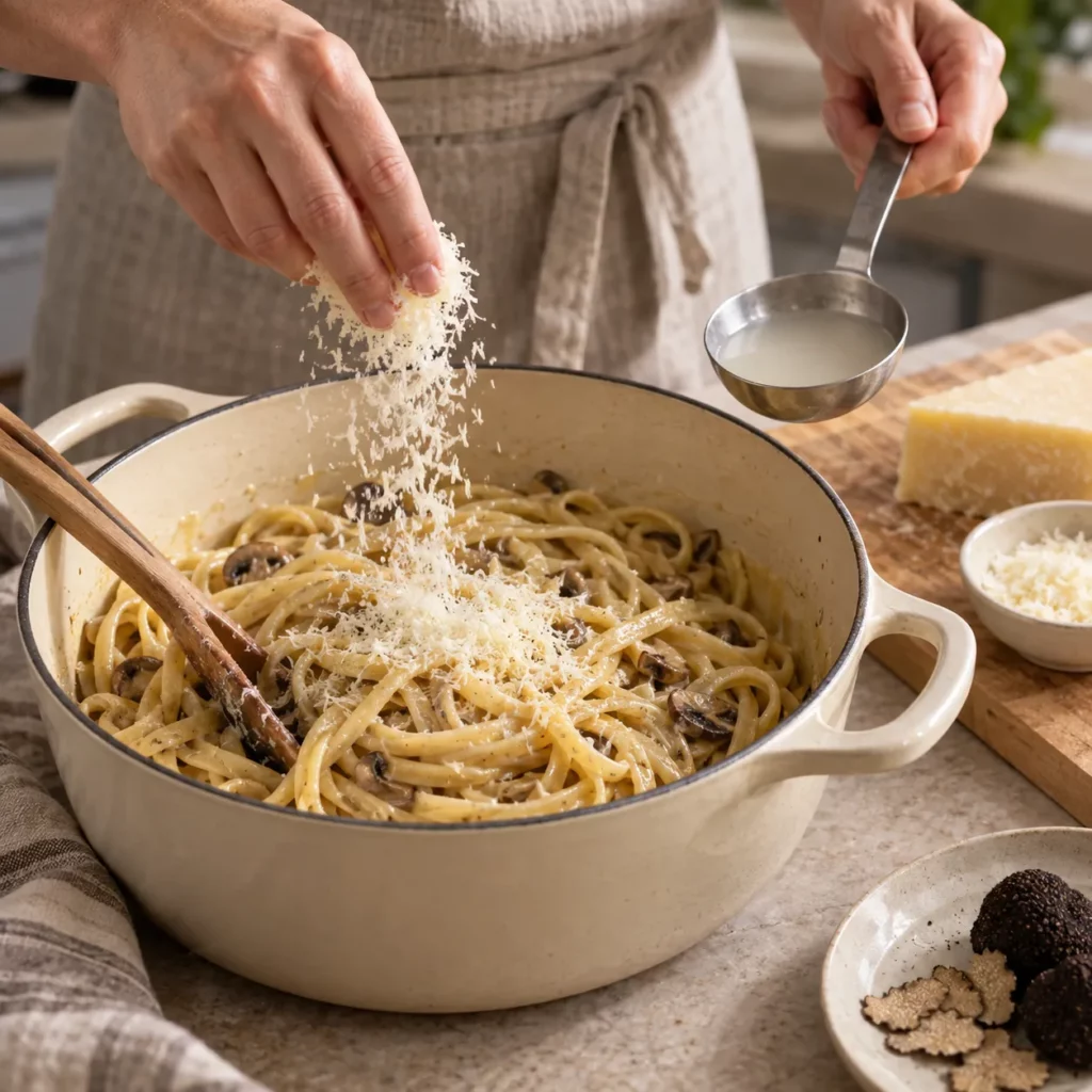 Geste pour Linguine aux cèpes, parmesan et truffe noire Geste pour Linguine aux cèpes, parmesan et truffe noire — illustration