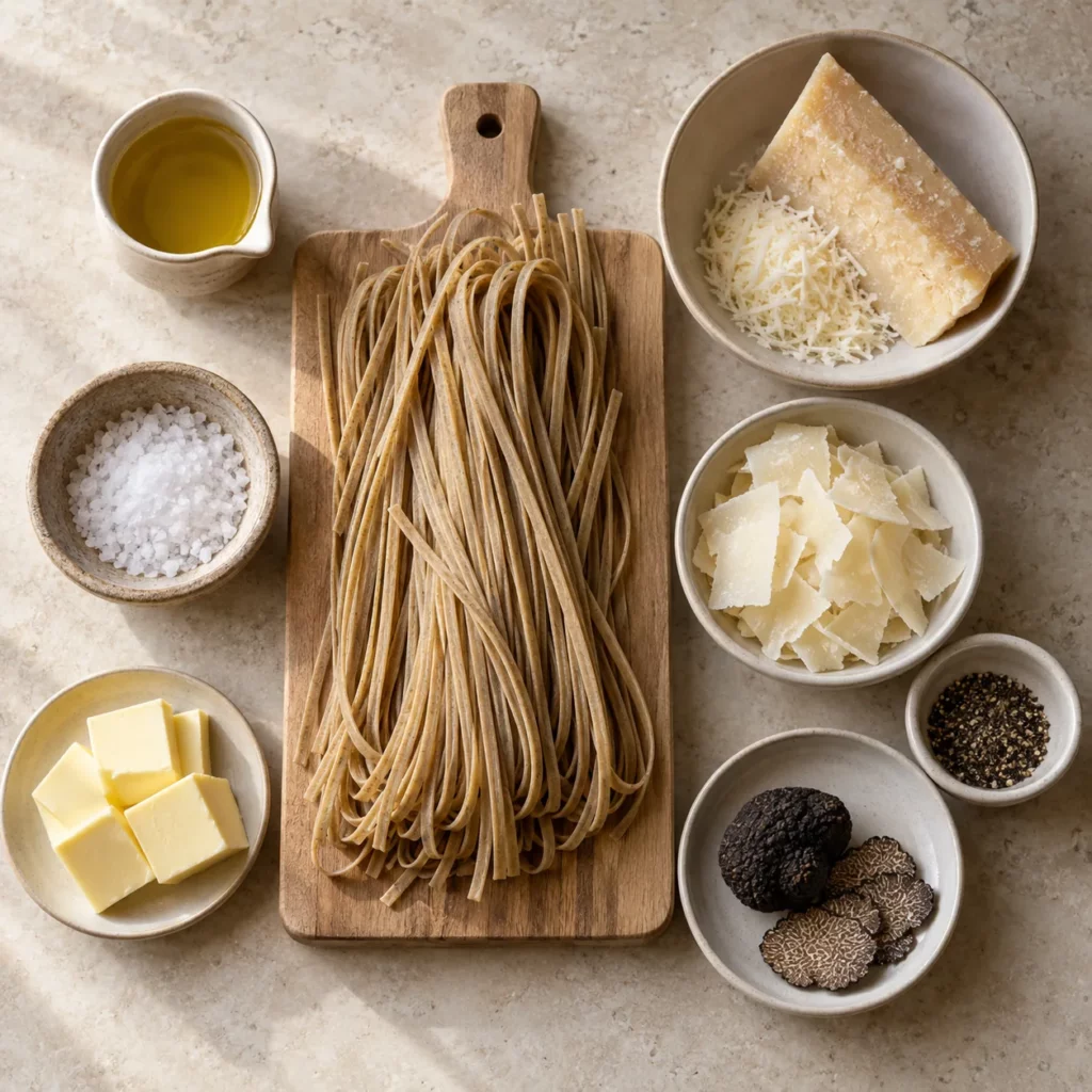 Les ingrédients pour Linguine aux cèpes, parmesan et truffe noire Les ingrédients pour Linguine aux cèpes, parmesan et truffe noire — illustration