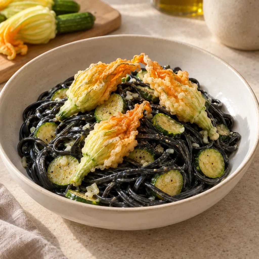 Linguine à l’encre de seiche, fleurs de courgettes en tempura Linguine à l’encre de seiche, fleurs de courgettes en tempura — illustration