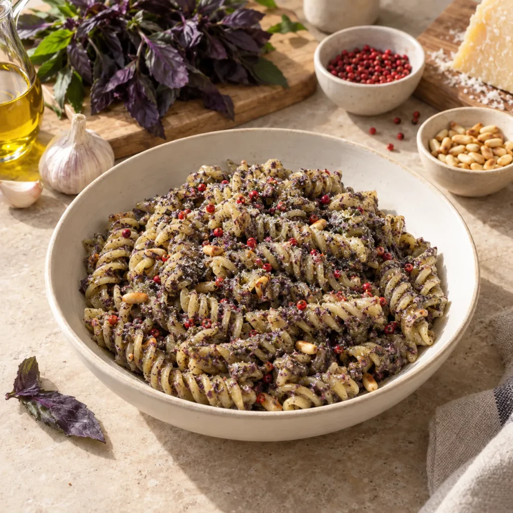 Basilic pourpre, baies roses et fusilli Basilic pourpre, baies roses et fusilli — illustration