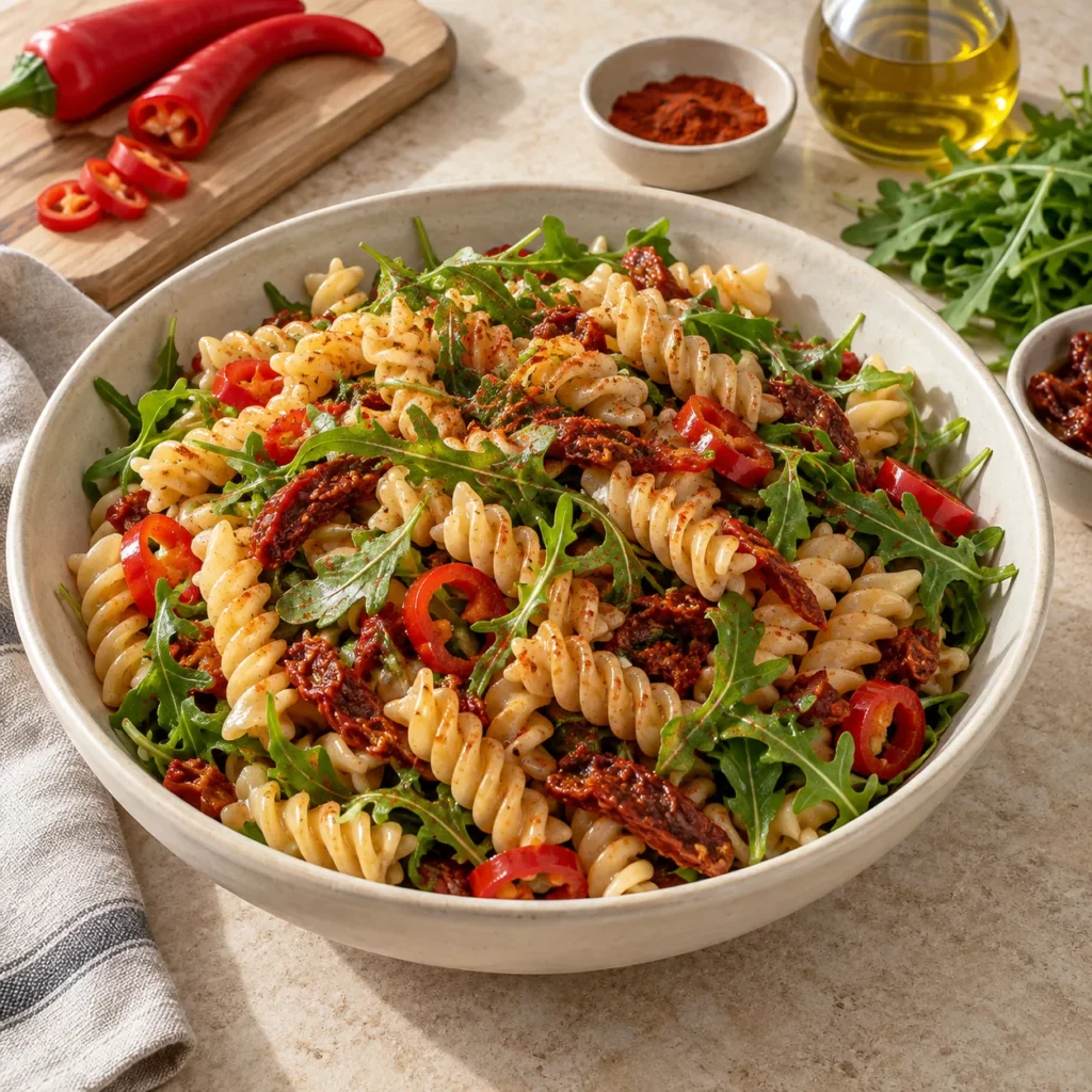 Roquette et fusilli en salade, paprika et piment Roquette et fusilli en salade, paprika et piment — illustration