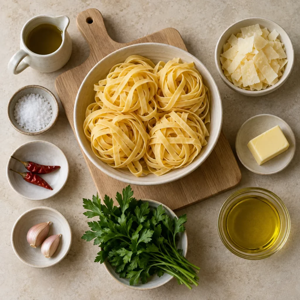Les ingrédients pour Tagliatelles au piment et à l’ail Les ingrédients pour Tagliatelles au piment et à l’ail — illustration