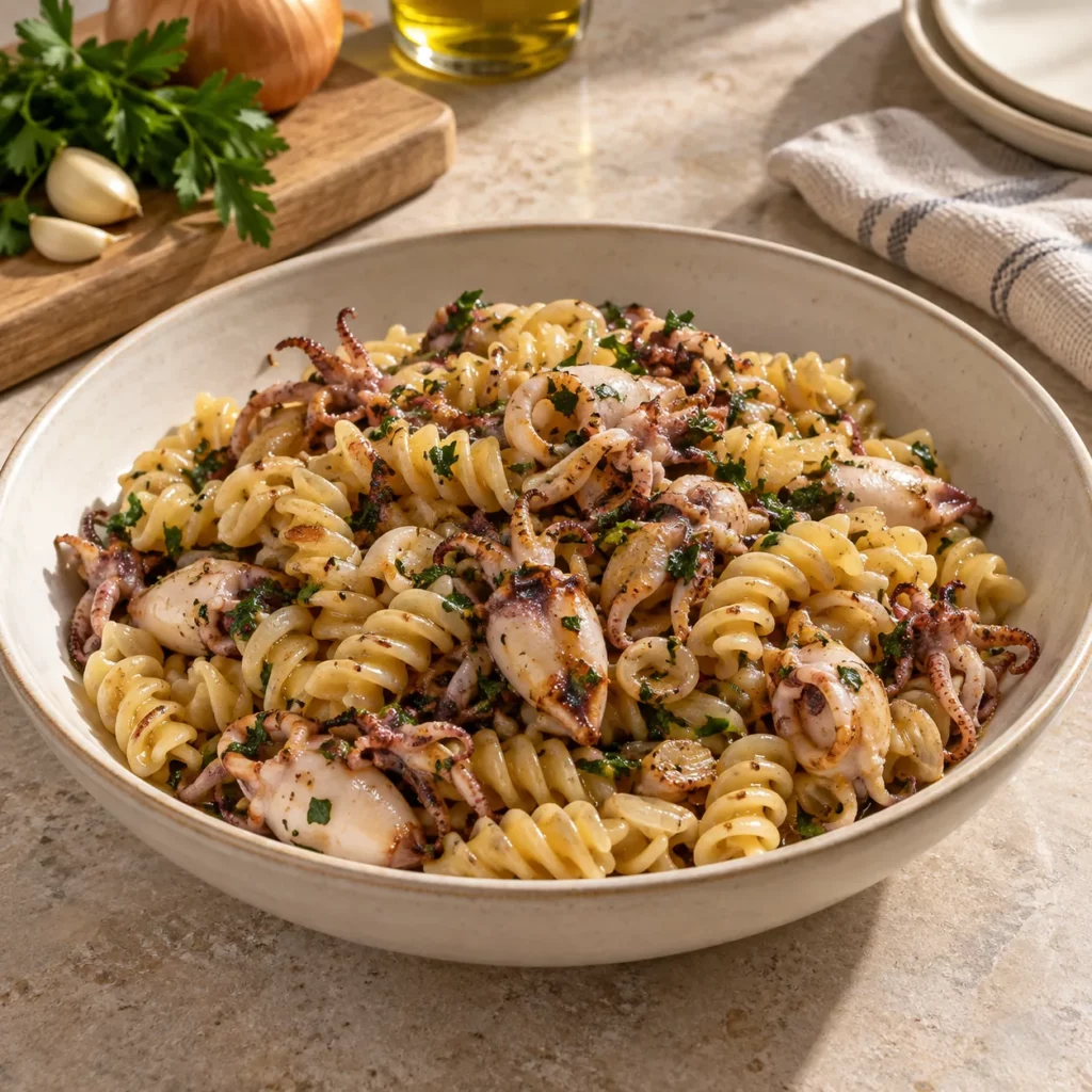 Calamaretti et fusilli, sautés à l'ail Calamaretti et fusilli, sautés à l'ail — illustration