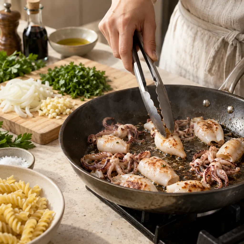 Geste pour Calamaretti et fusilli, sautés à l'ail Geste pour Calamaretti et fusilli, sautés à l'ail — illustration