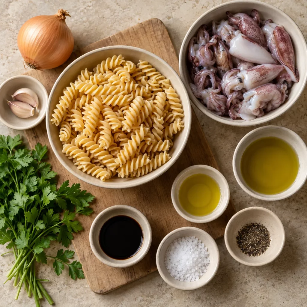 Les ingrédients pour Calamaretti et fusilli, sautés à l'ail Les ingrédients pour Calamaretti et fusilli, sautés à l'ail — illustration