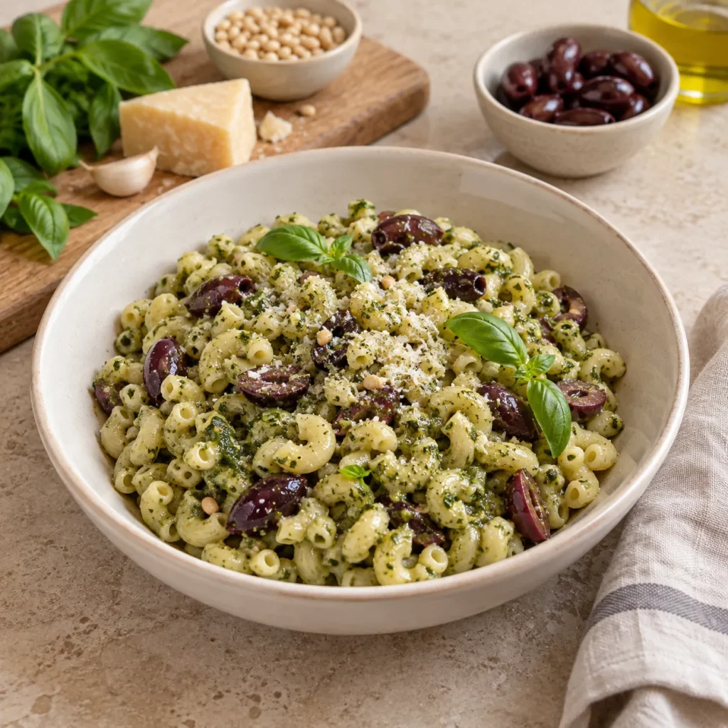 Coquillette, pesto et olives Kalamata Coquillette, pesto et olives Kalamata — illustration