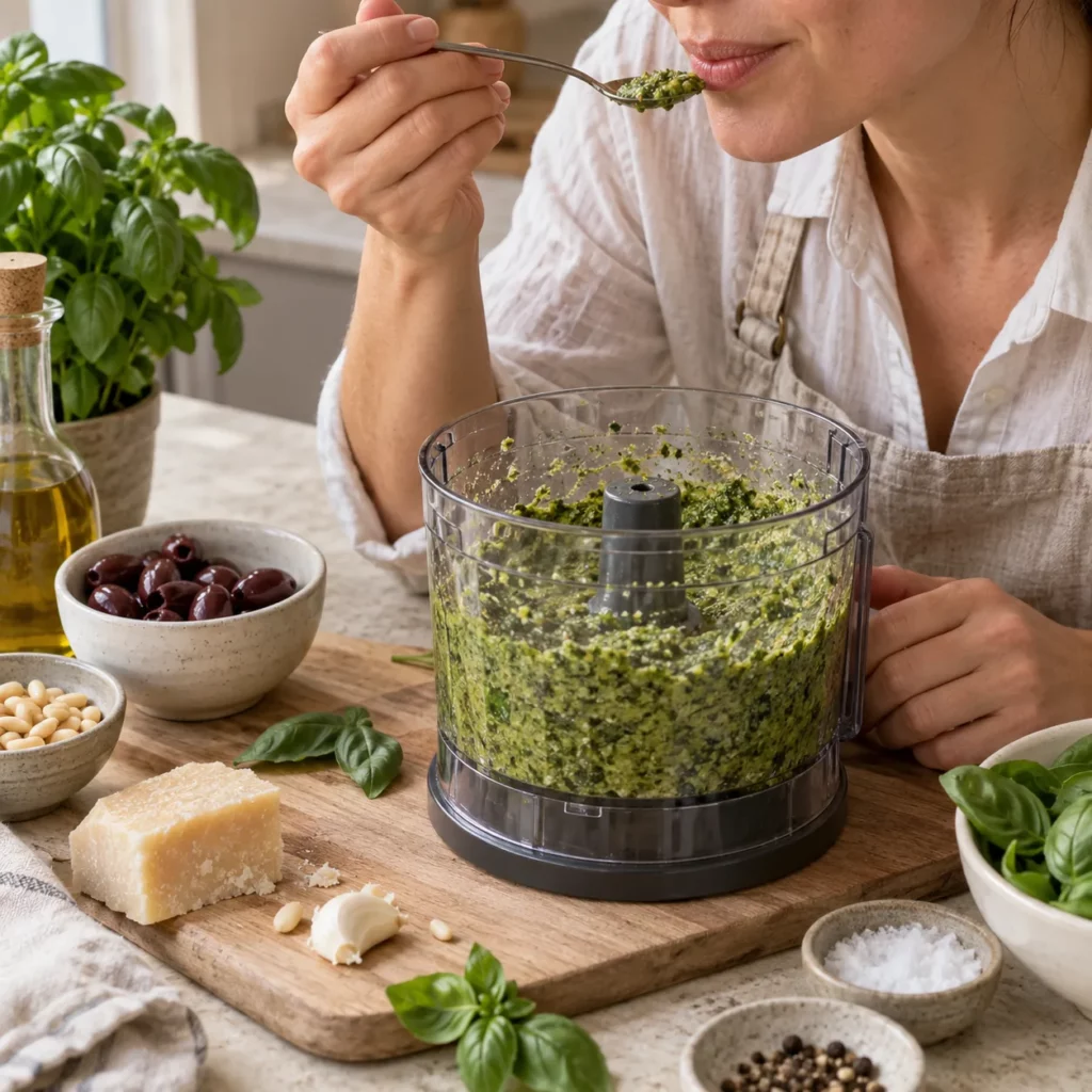 Geste pour Coquillette, pesto et olives Kalamata — illustration