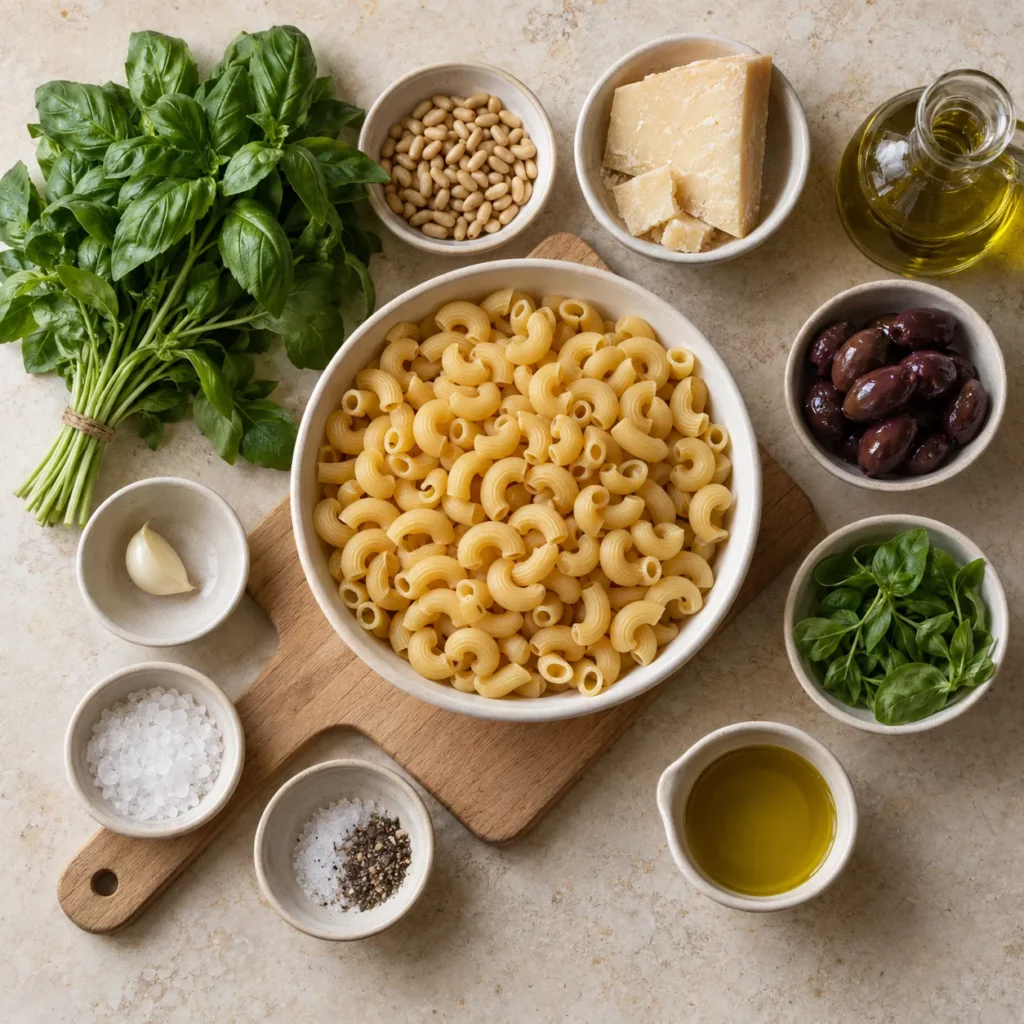 Les ingrédients pour Coquillette, pesto et olives Kalamata — illustration