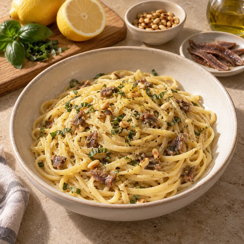Linguini au citron , anchois et pignons grillés Linguini au citron , anchois et pignons grillés — illustration