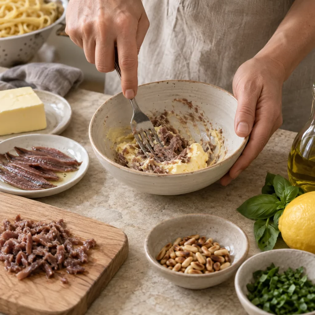 Geste pour Linguini au citron , anchois et pignons grillés — illustration