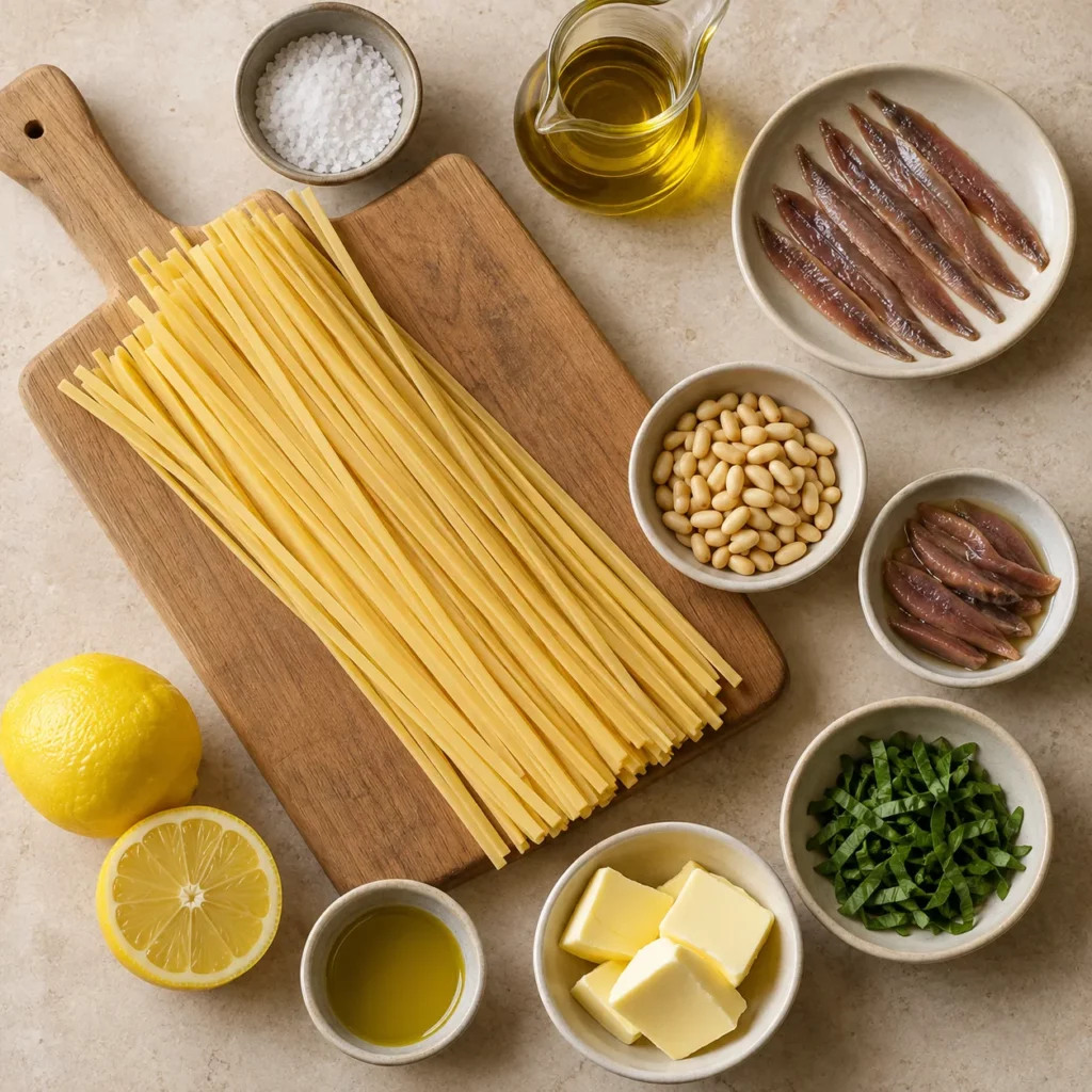 Les ingrédients pour Linguini au citron , anchois et pignons grillés — illustration