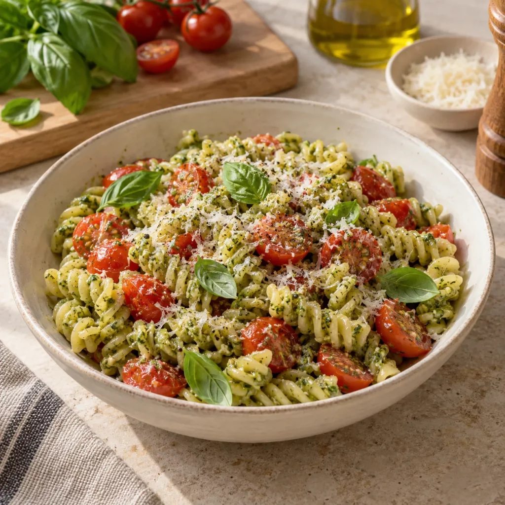 Tomate en salade de fusilli et pesto vert Tomate en salade de fusilli et pesto vert — illustration