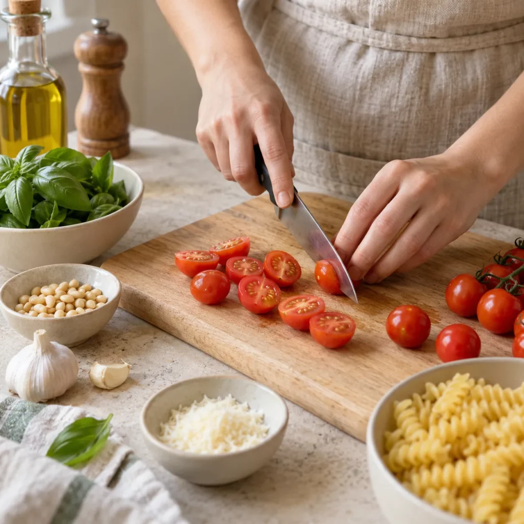 Geste pour Tomate en salade de fusilli et pesto vert Geste pour Tomate en salade de fusilli et pesto vert — illustration