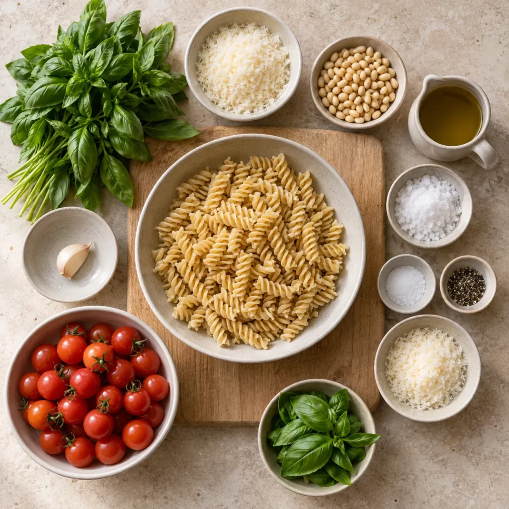 Les ingrédients pour Tomate en salade de fusilli et pesto vert Les ingrédients pour Tomate en salade de fusilli et pesto vert — illustration