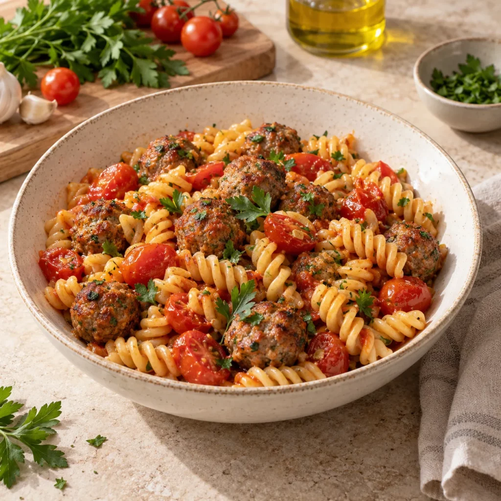 Boulettes de bœuf et fusilli à la tomates Boulettes de bœuf et fusilli à la tomates — illustration