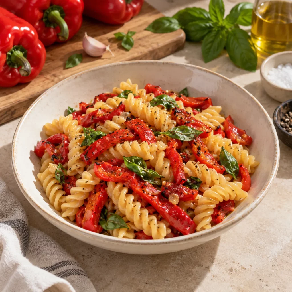 Poivrons rouges rôtis et fusilli al dente Poivrons rouges rôtis et fusilli al dente — illustration