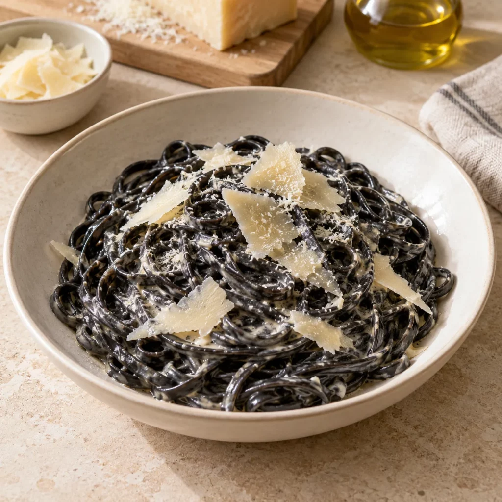 Linguine à l'encre de seiche et parmesan Linguine à l'encre de seiche et parmesan — illustration