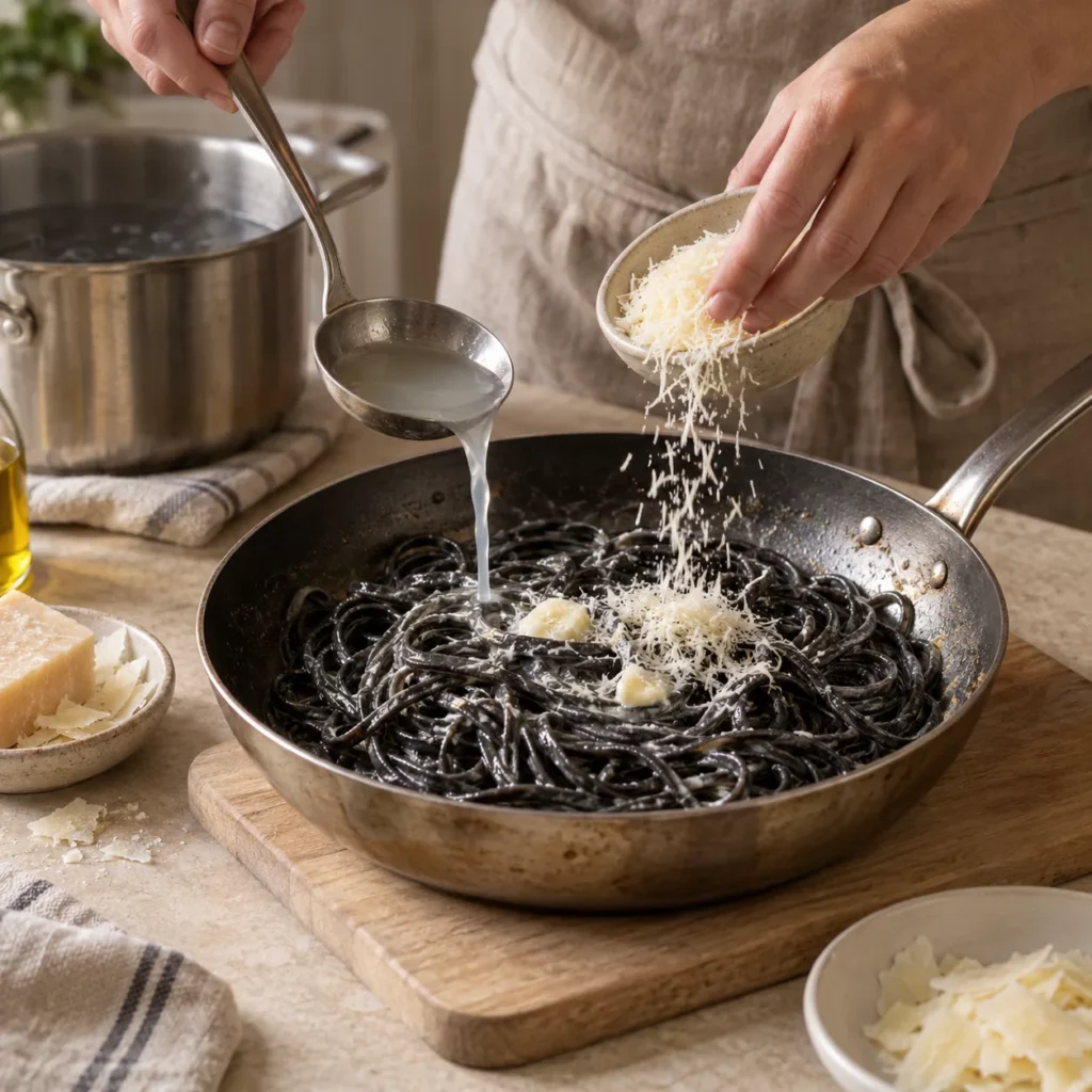 Geste pour Linguine à l'encre de seiche et parmesan — illustration