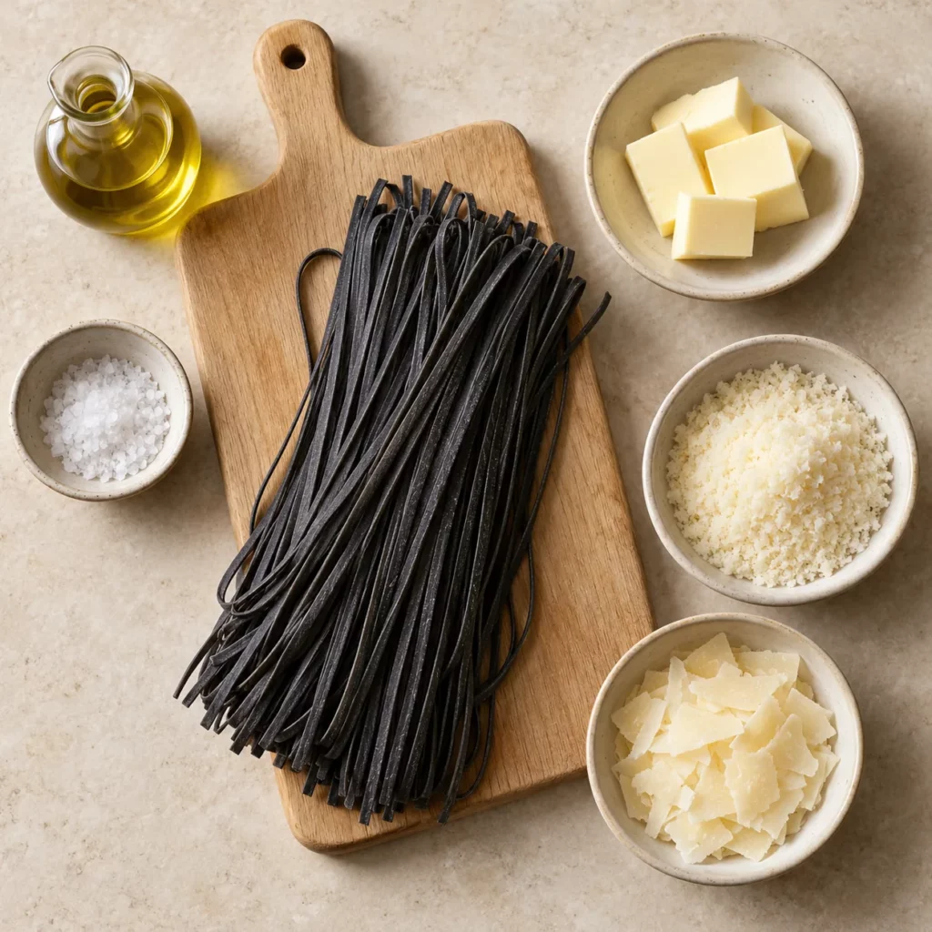 Les ingrédients pour Linguine à l'encre de seiche et parmesan — illustration