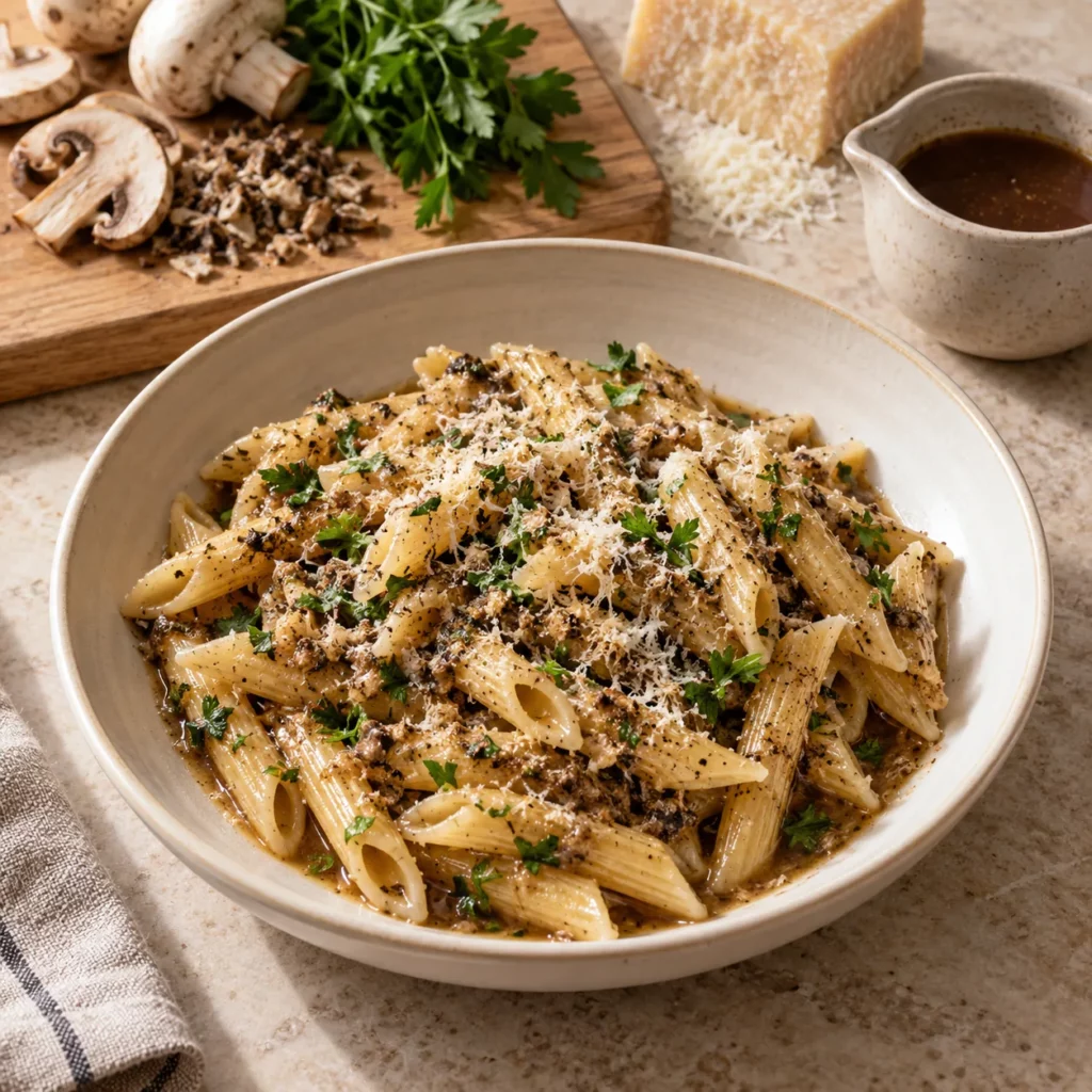 Pennes aux champignons, parmesan et jus Pennes aux champignons, parmesan et jus — illustration