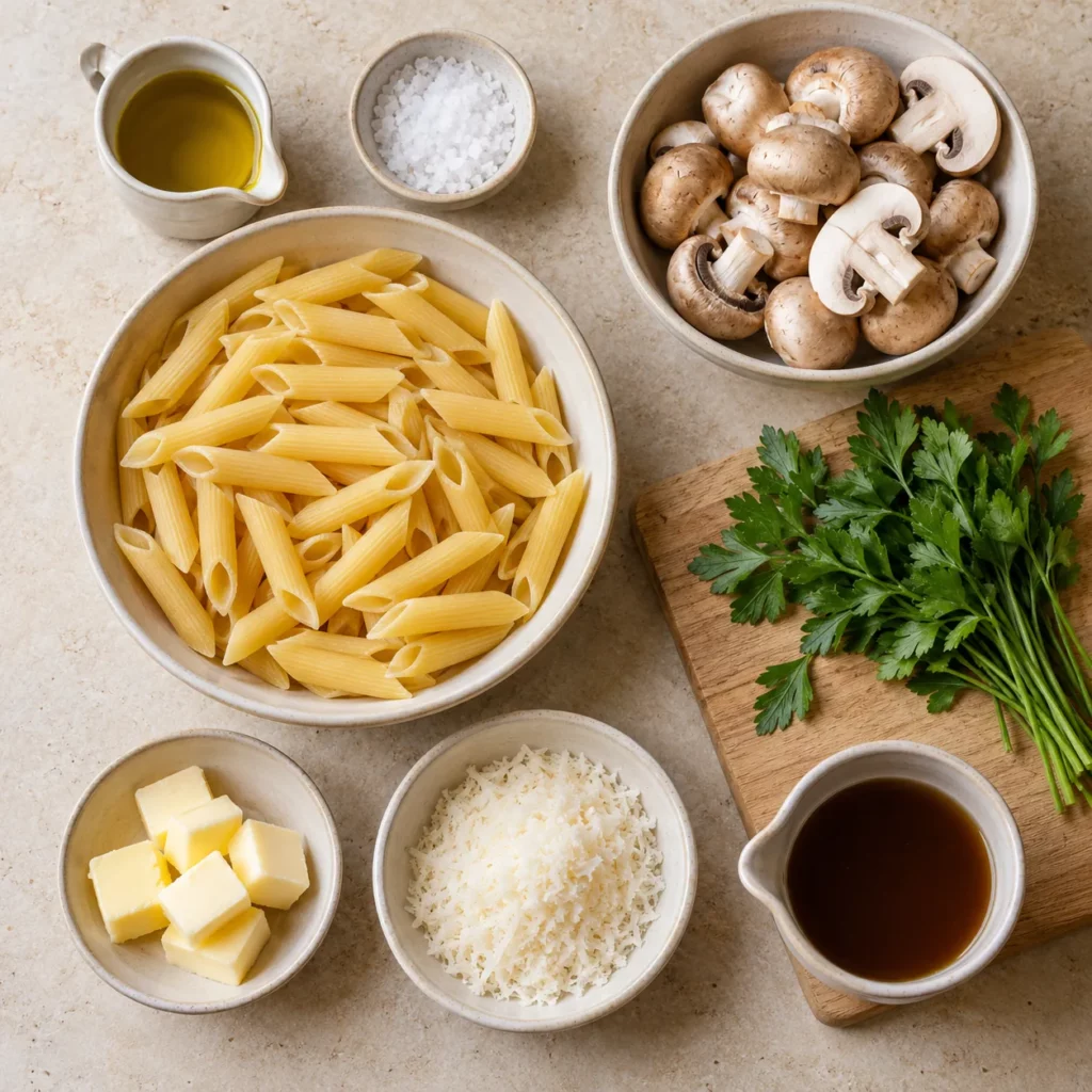 Les ingrédients pour Pennes aux champignons, parmesan et jus Les ingrédients pour Pennes aux champignons, parmesan et jus — illustration
