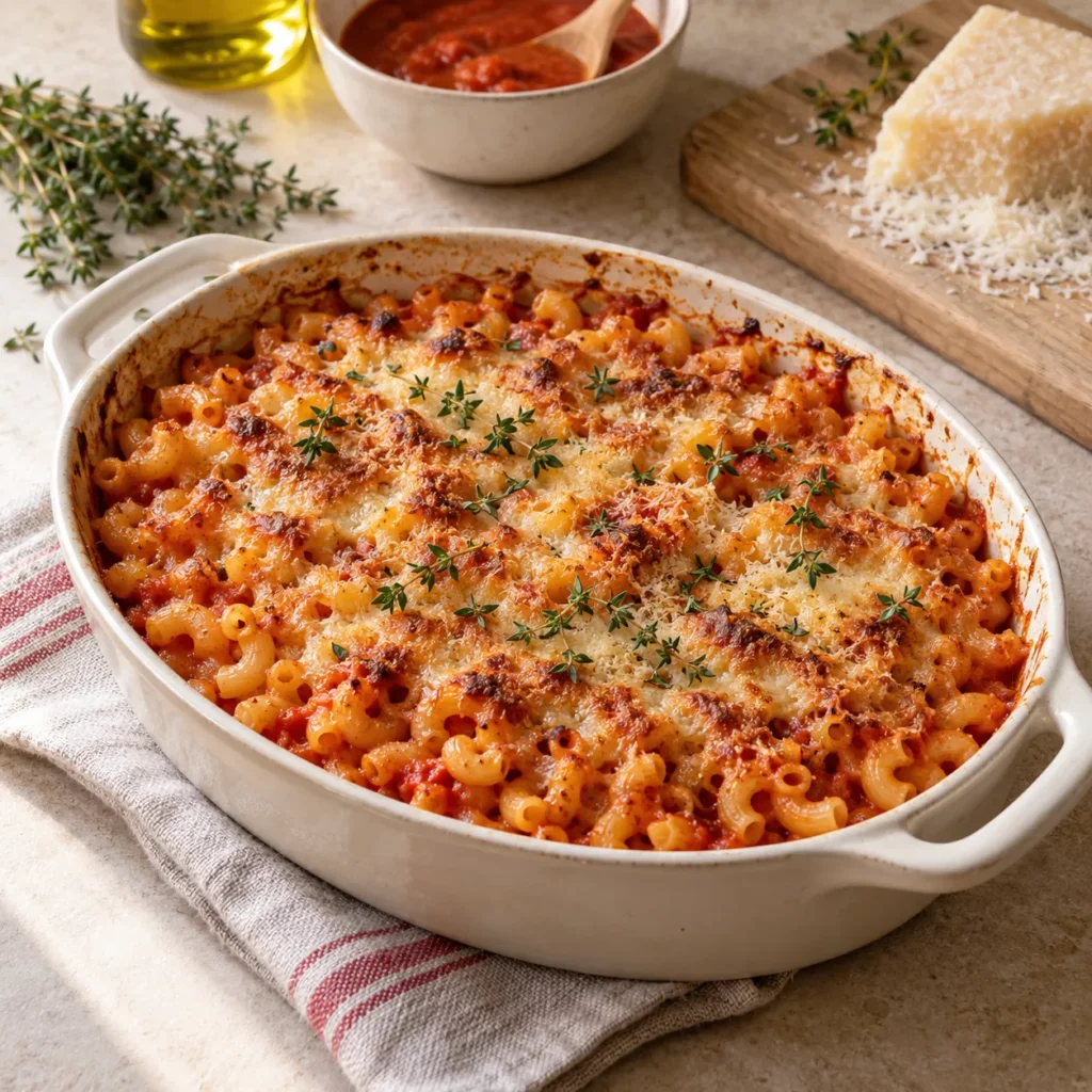 Gratin de coquillettes à la tomate et thym frais Gratin de coquillettes à la tomate et thym frais — illustration