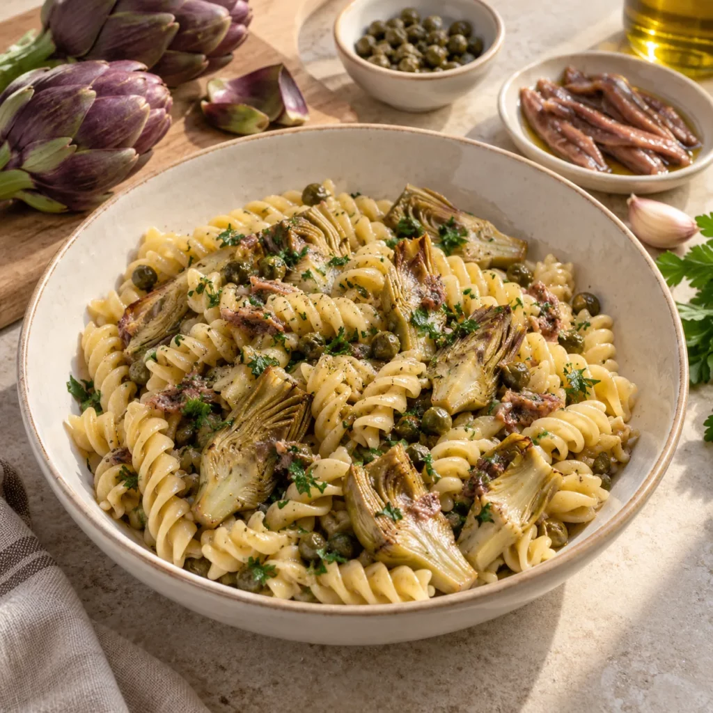 Artichauts violets et fusilli aux capres Artichauts violets et fusilli aux capres — illustration
