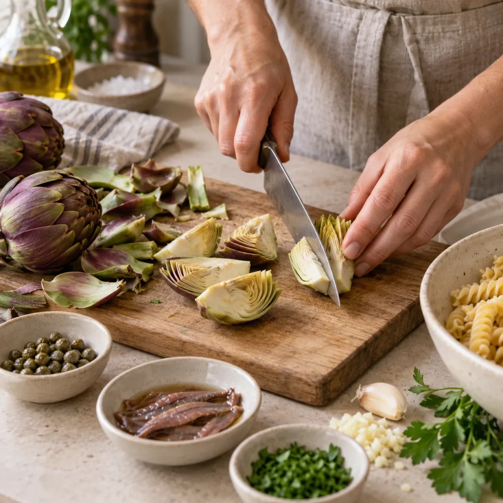 Geste pour Artichauts violets et fusilli aux capres Geste pour Artichauts violets et fusilli aux capres — illustration