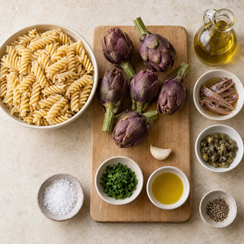 Les ingrédients pour Artichauts violets et fusilli aux capres Les ingrédients pour Artichauts violets et fusilli aux capres — illustration