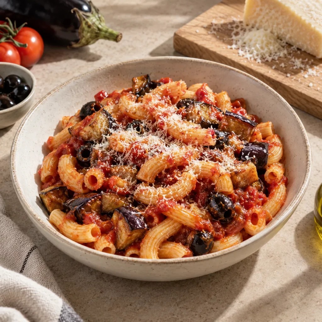 Macaroni à la tomate et aubergine Macaroni à la tomate et aubergine — illustration