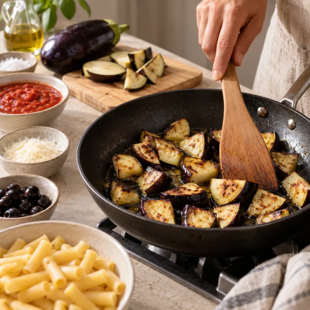 Geste pour Macaroni à la tomate et aubergine Geste pour Macaroni à la tomate et aubergine — illustration