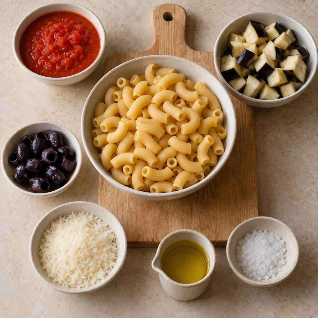 Les ingrédients pour Macaroni à la tomate et aubergine Les ingrédients pour Macaroni à la tomate et aubergine — illustration
