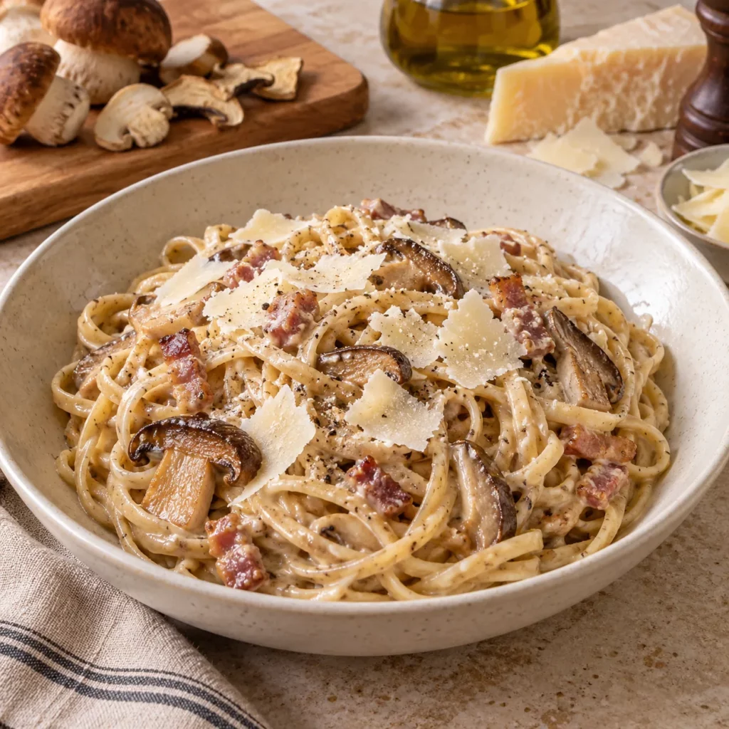 Linguines artisanaux et carbonara aux cèpes Linguines artisanaux et carbonara aux cèpes — illustration