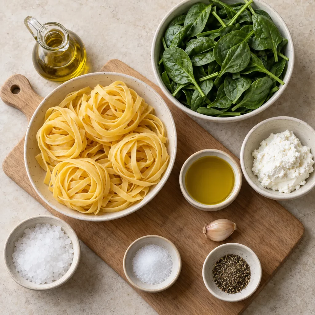 Les ingrédients pour Tagliatelles et épinards,une option saine et savoureuse Les ingrédients pour Tagliatelles et épinards,une option saine et savoureuse — illustration