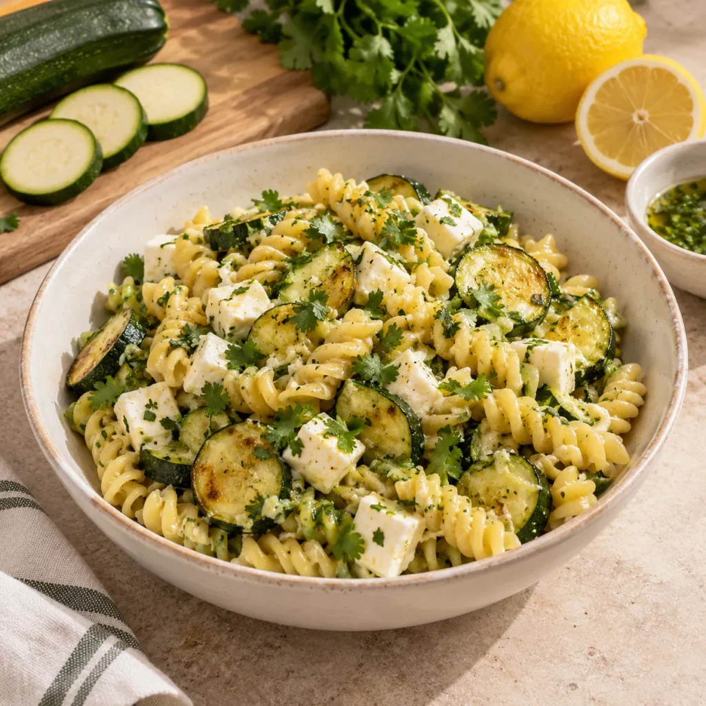 Fusilli aux courgettes, mozzarella, coriandre et citron Fusilli aux courgettes, mozzarella, coriandre et citron — illustration