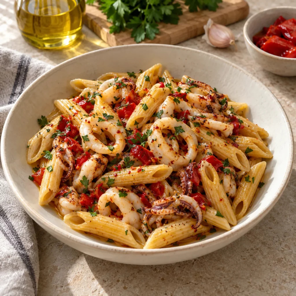 Piment d'espelette, encornet et penne Piment d'espelette, encornet et penne — illustration