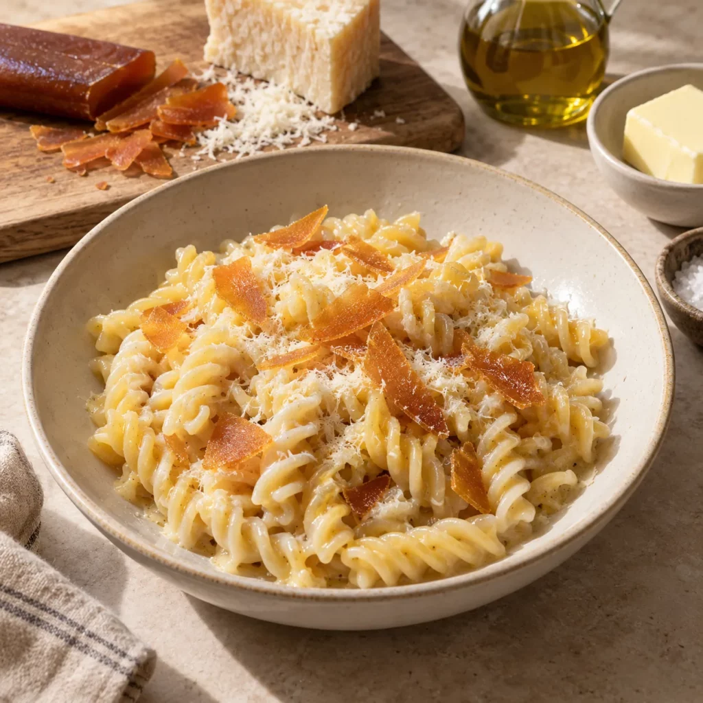 Bottarga en copeaux et fusilli artisanaux Bottarga en copeaux et fusilli artisanaux — illustration