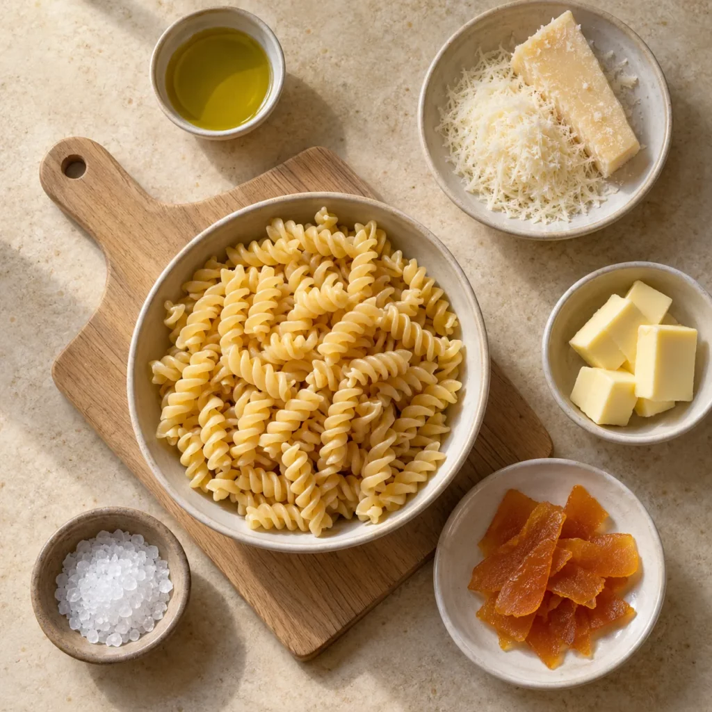 Les ingrédients pour Bottarga en copeaux et fusilli artisanaux Les ingrédients pour Bottarga en copeaux et fusilli artisanaux — illustration