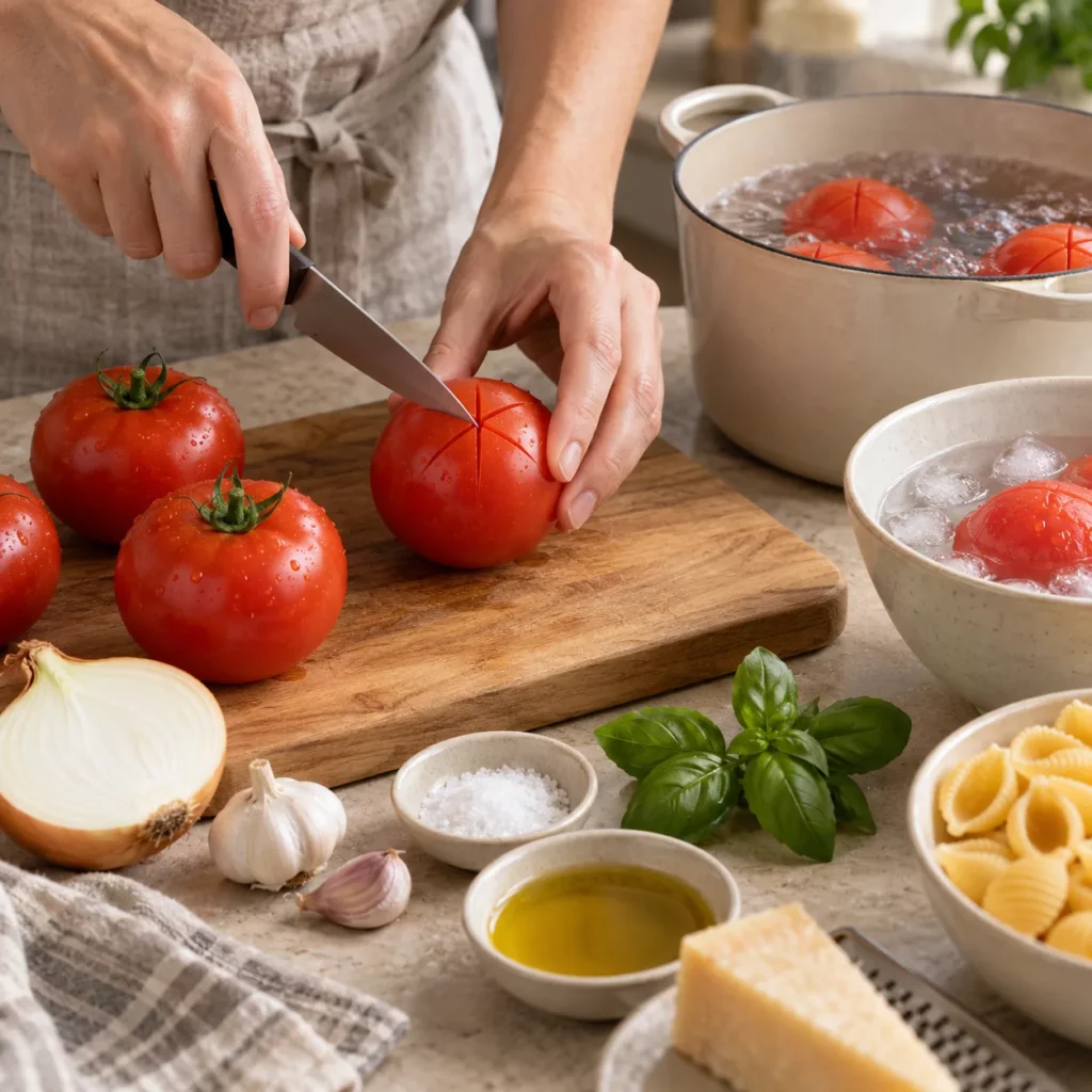 Geste pour Conchiglie à la sauce tomate maison et parmesan Geste pour Conchiglie à la sauce tomate maison et parmesan — illustration