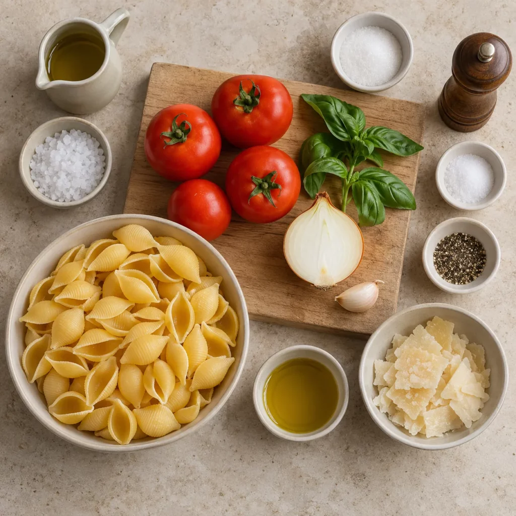 Les ingrédients pour Conchiglie à la sauce tomate maison et parmesan Les ingrédients pour Conchiglie à la sauce tomate maison et parmesan — illustration