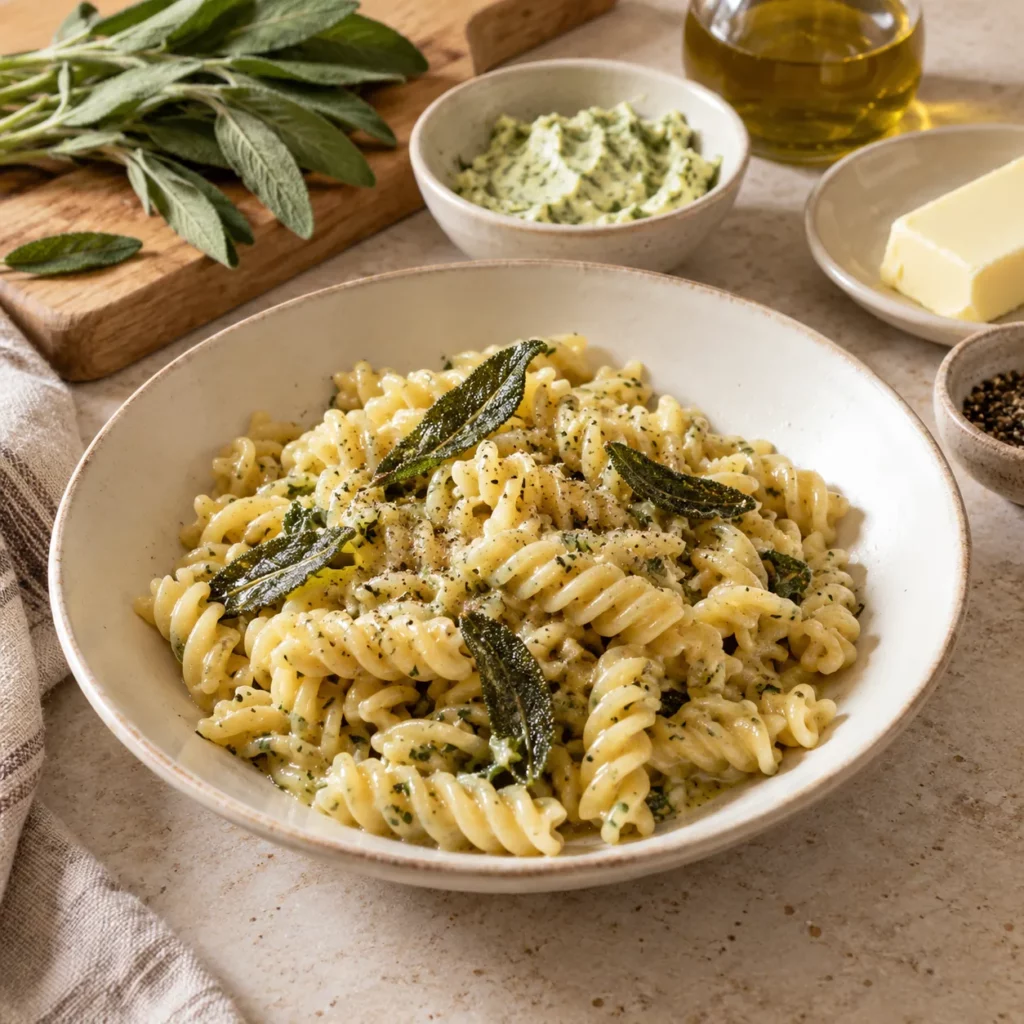 Beurre de sauge et fusilli artisanaux Beurre de sauge et fusilli artisanaux — illustration