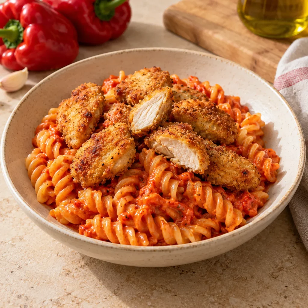 Nuggets de volaille et fusilli au poivron Nuggets de volaille et fusilli au poivron — illustration