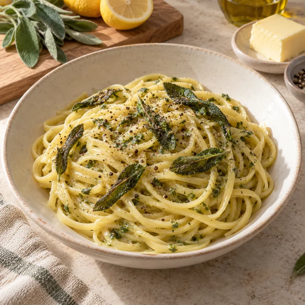 Linguine au citron et beurre de sauge Linguine au citron et beurre de sauge — illustration