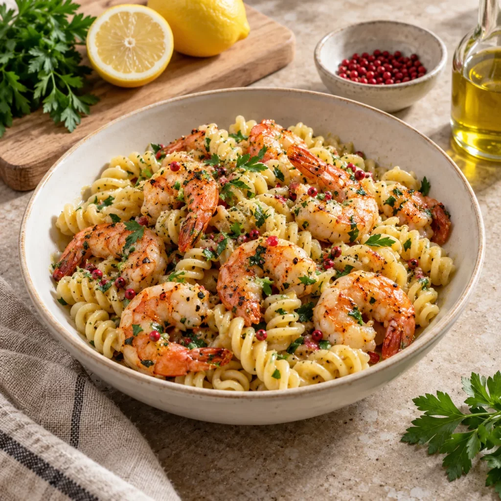 Gambas grillées et fusilli artisanaux Gambas grillées et fusilli artisanaux — illustration